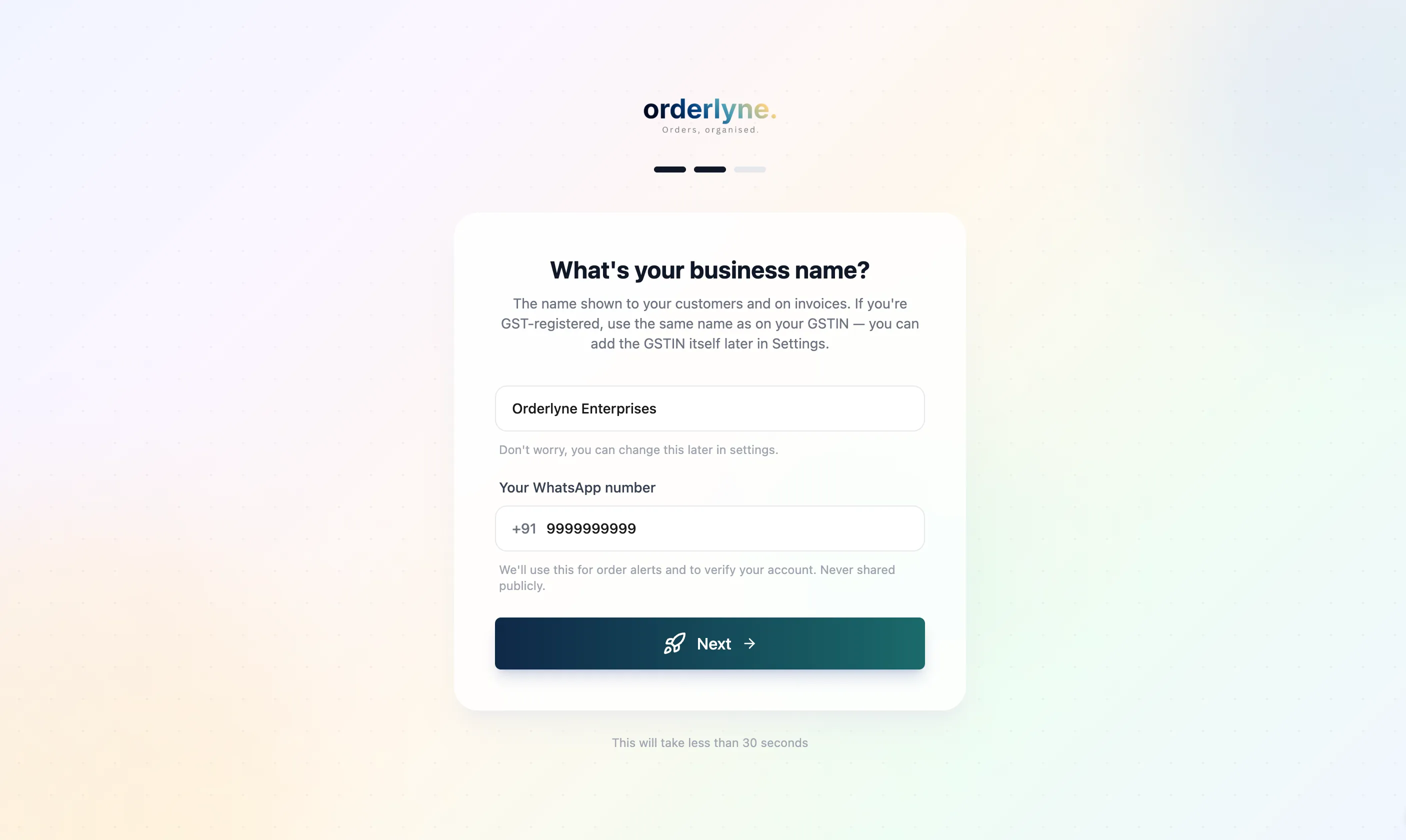 SCREENSHOT: Business name + phone screen