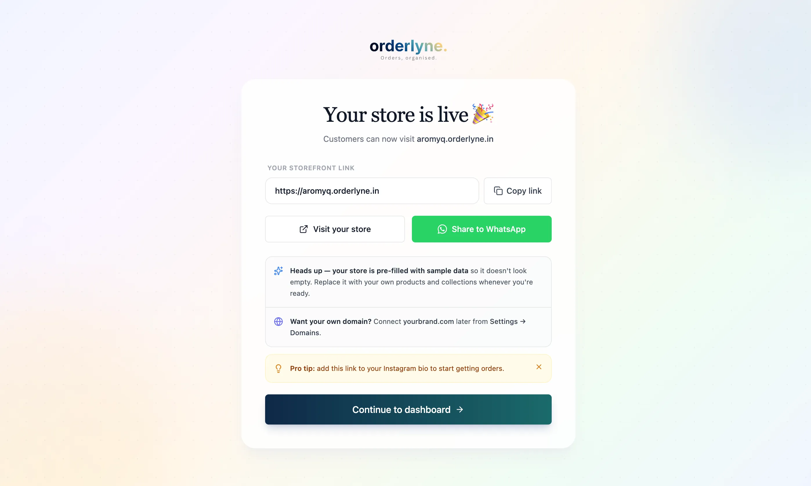 Your store is live screen